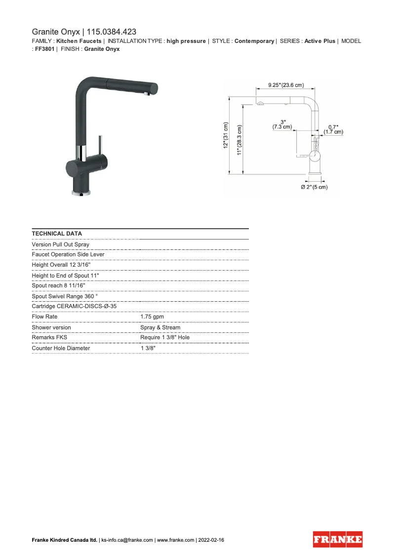 Page n°1 - Fiche technique Franke Active Plus FF3801