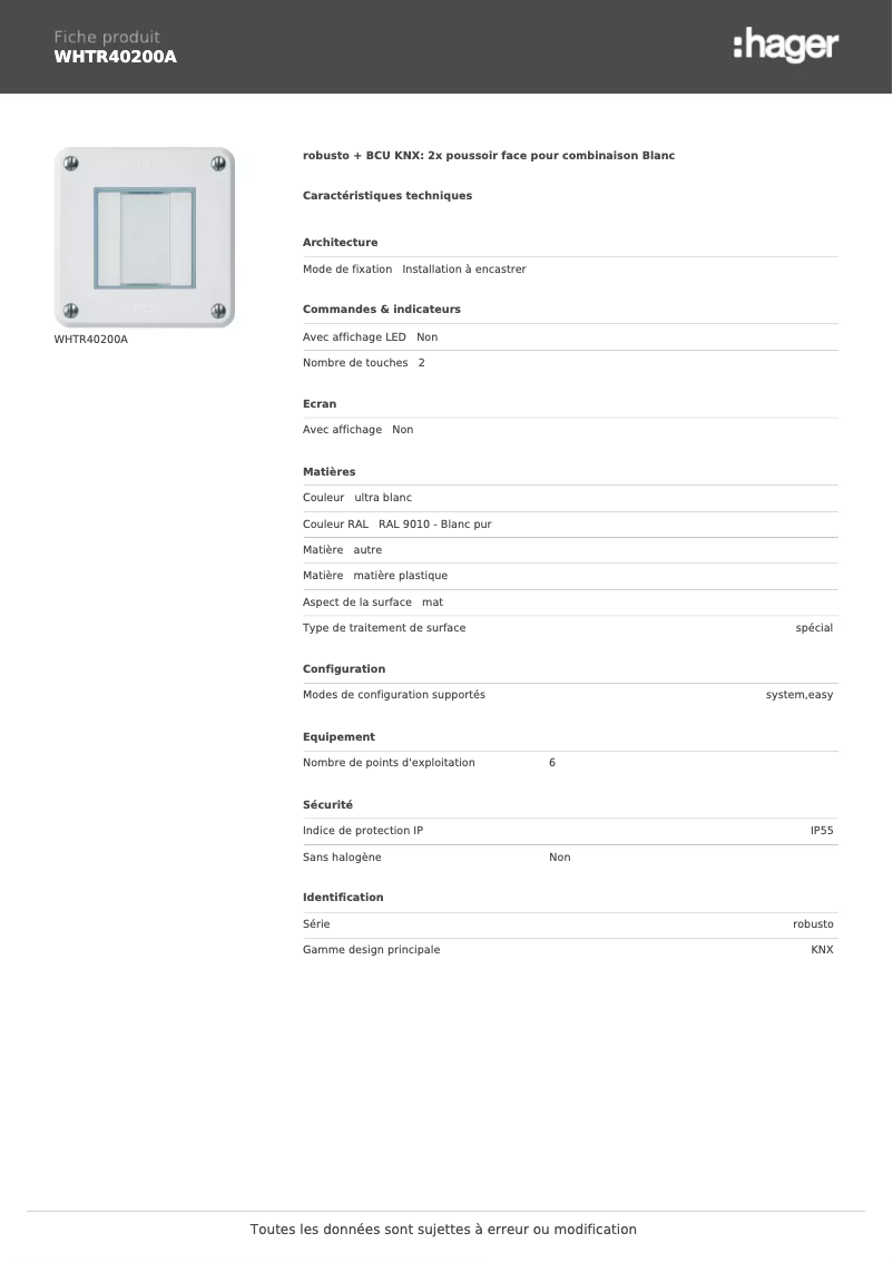Page 1 of the manual Technical Sheet Hager WHTR40200A