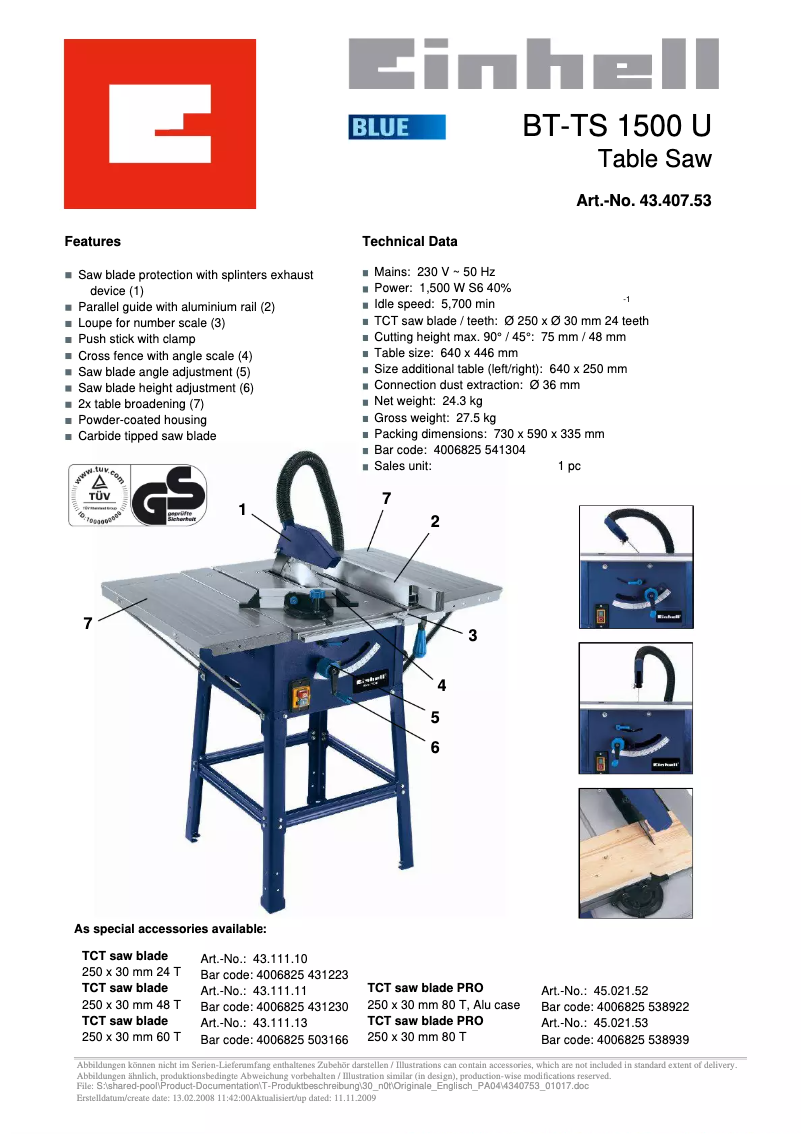 Page 1 de la notice Manuel utilisateur Einhell BT-TS 1500 U