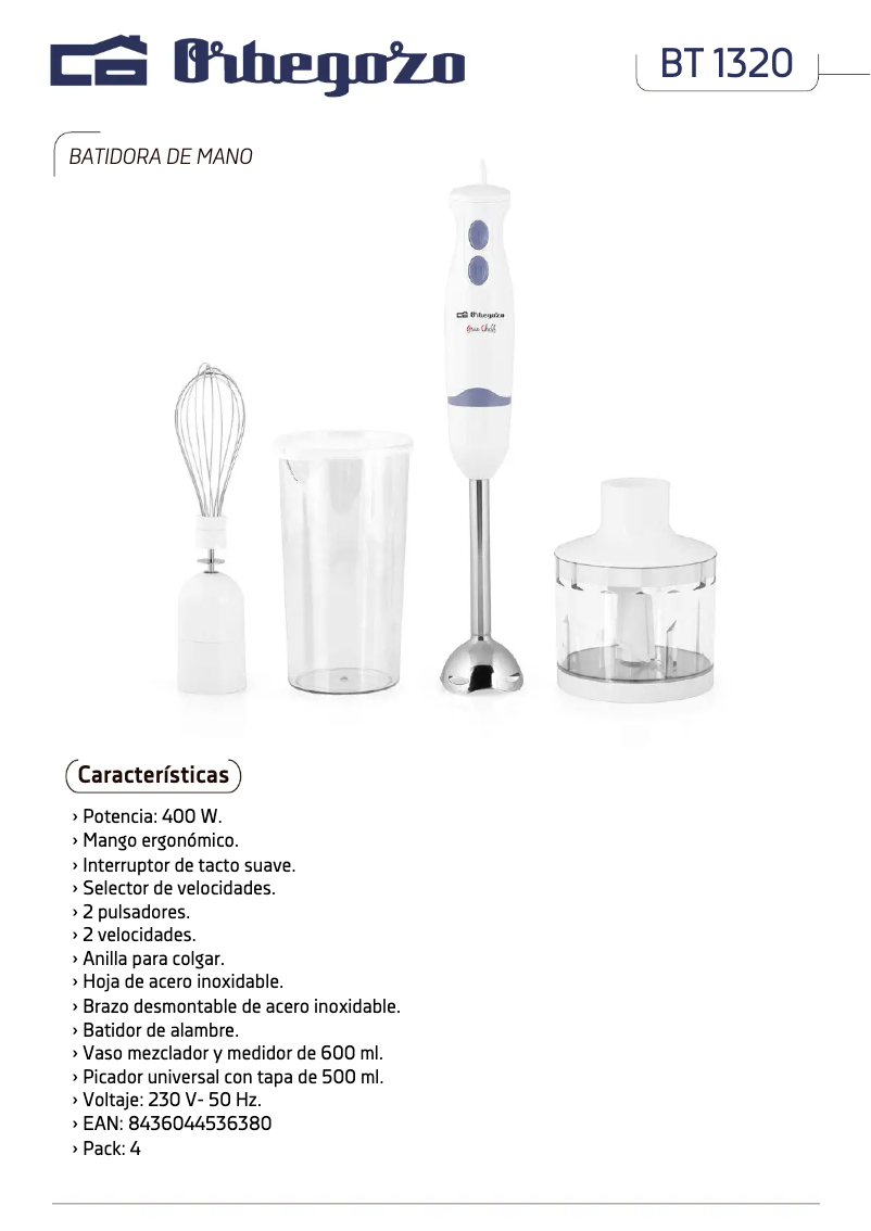 Page 1 de la notice Fiche technique Orbegozo BT 1320