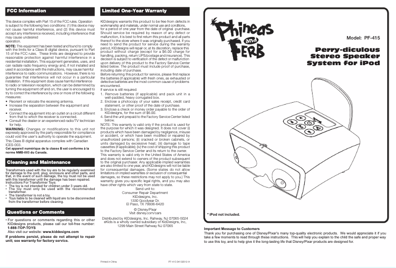 Page n°1 - Manuel utilisateur KIDdesigns PF-415