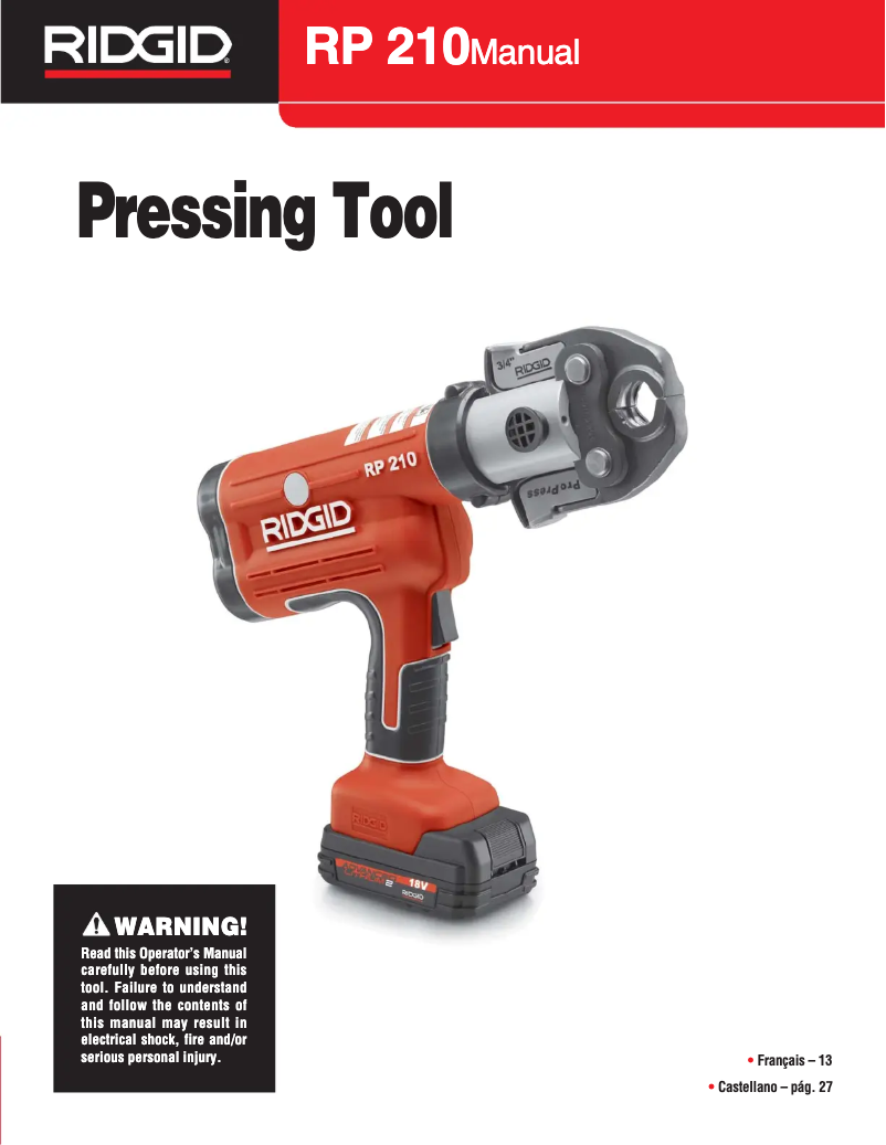 Page n°1 - Manuel utilisateur Ridgid RP 210