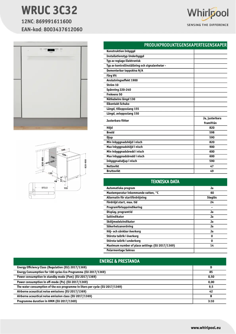 Page 1 de la notice Fiche technique Whirlpool WRUC 3C32