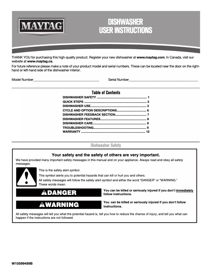 Page 1 de la notice Manuel d'utilisation et d'entretien Maytag MDB4949SD