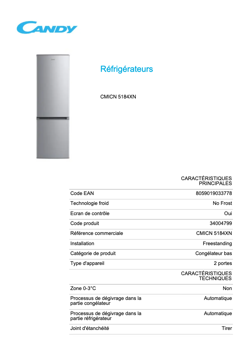 Page 1 de la notice Fiche technique Candy CMICN 5184XN
