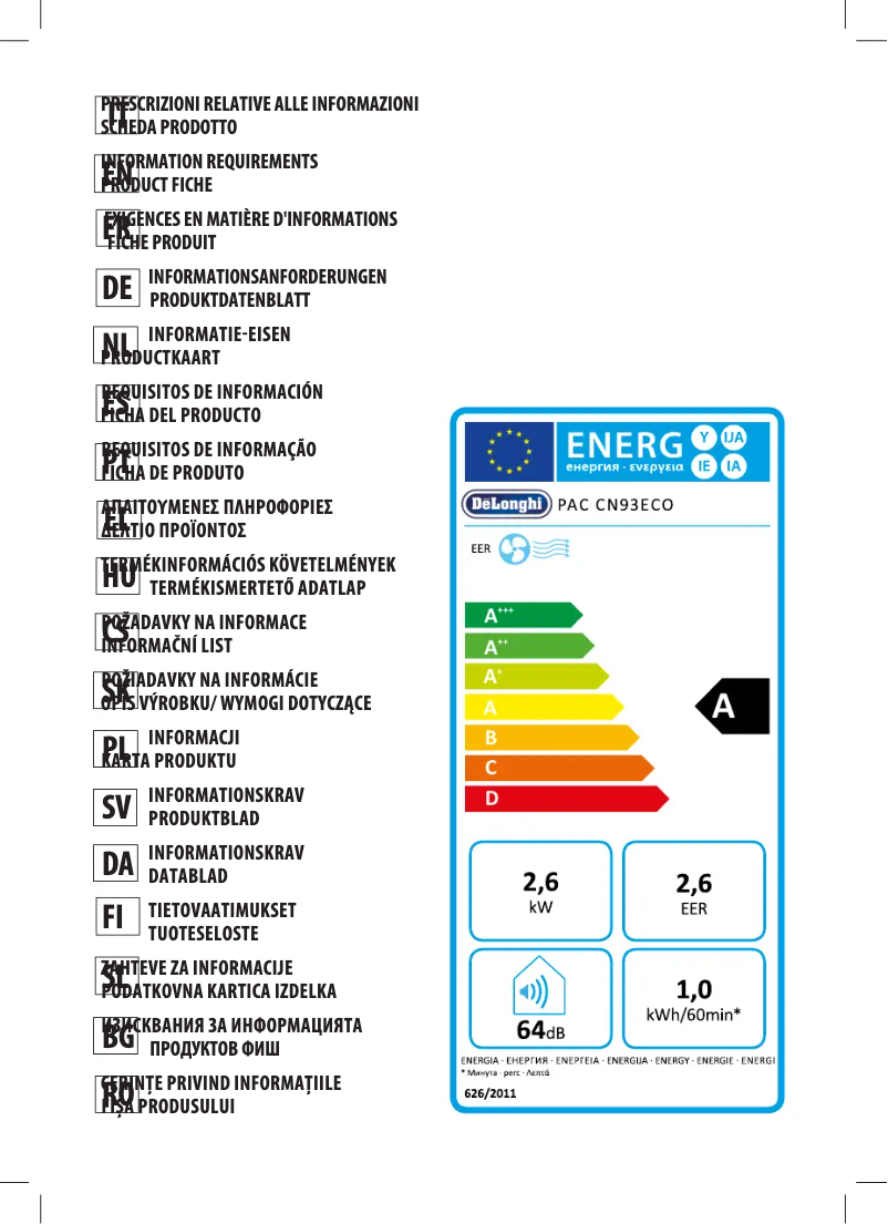 Page 1 de la notice Fiche technique DeLonghi PAC CN93ECO