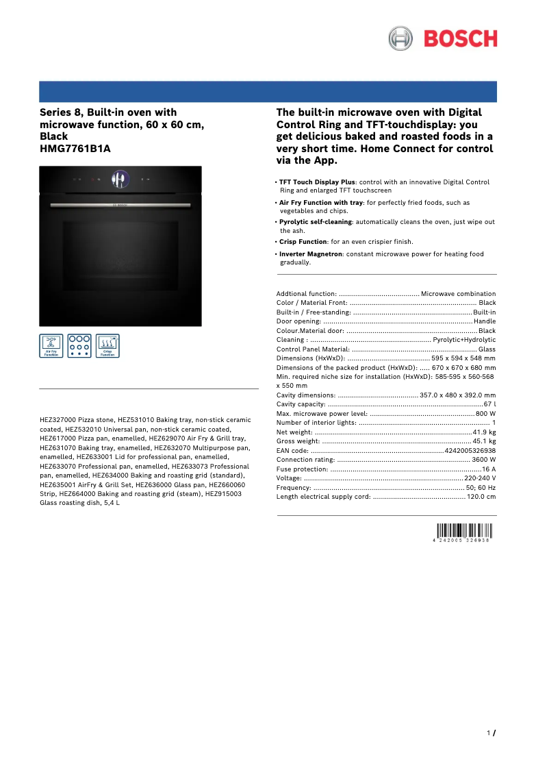 Page 1 de la notice Fiche technique Bosch HMG7761B1A