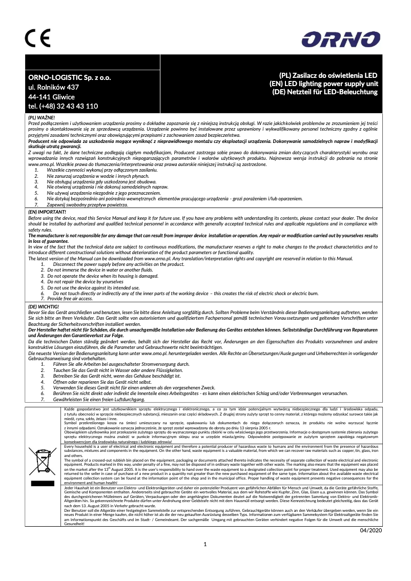 Page 1 de la notice Manuel utilisateur ORNO OR-ZL-1651