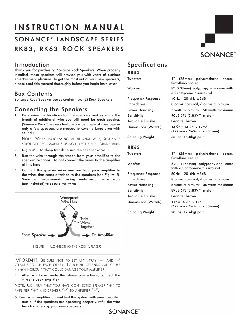 Page 1 de la notice Instructions / montage Sonance Landscape RK63