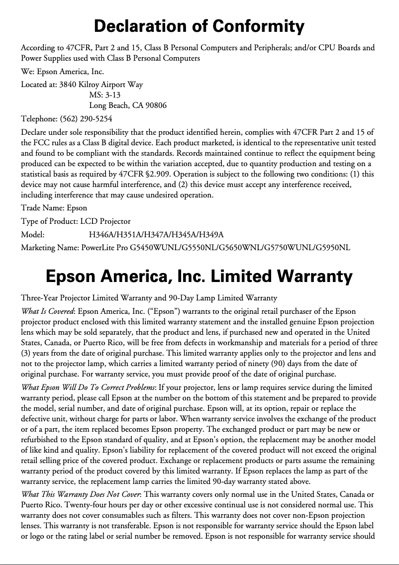 Página 1 del manual Información de garantía Epson PowerLite Pro G5550