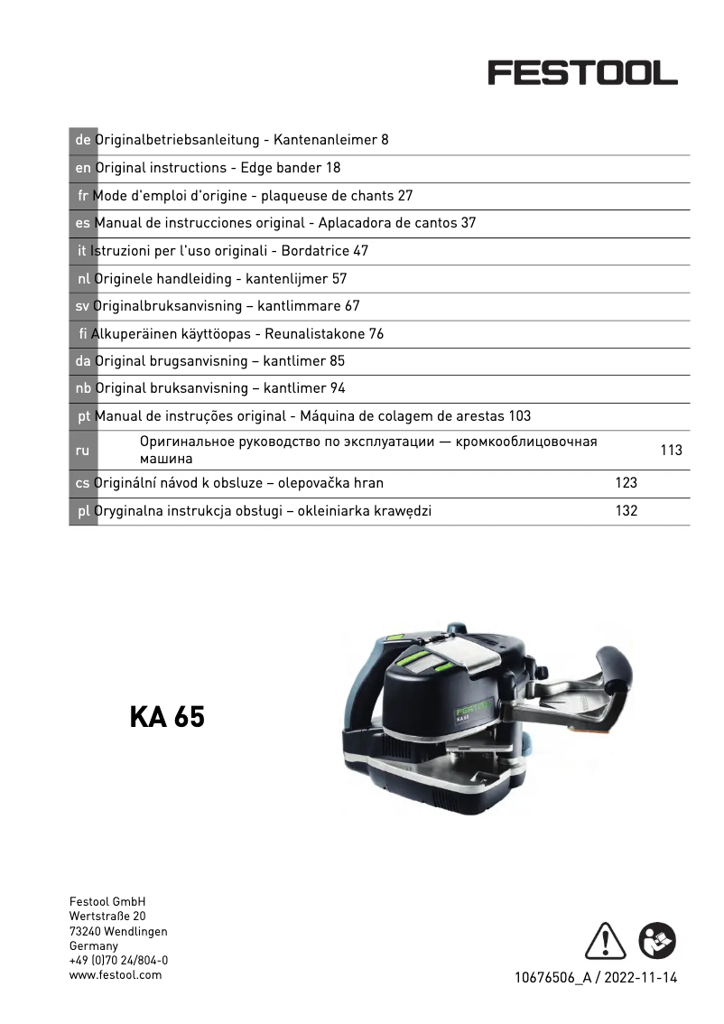 Page 1 de la notice Manuel utilisateur Festool KA 65