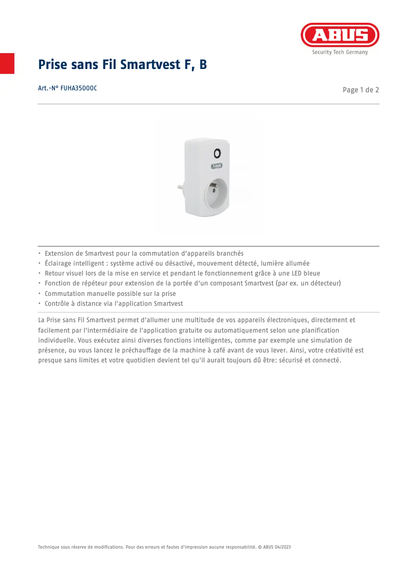 Page n°1 - Fiche technique Abus FUHA35000C