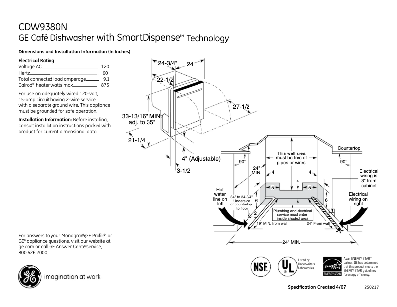 Page 1 de la notice Fiche technique GE Café CDW9380NSS
