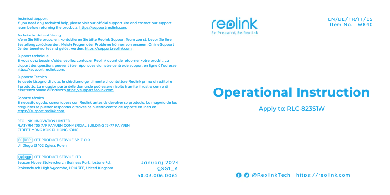 Page 1 de la notice Manuel utilisateur Reolink RLC-823S1W