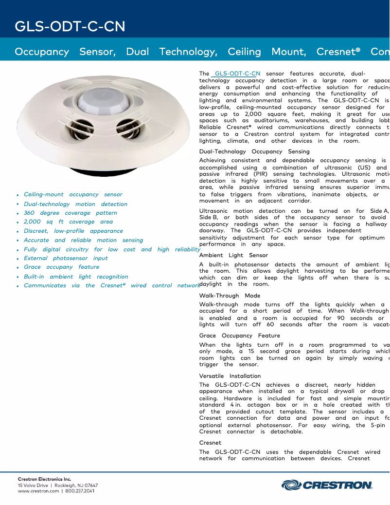 Page 1 de la notice Fiche technique Crestron GLS-ODT-C-CN