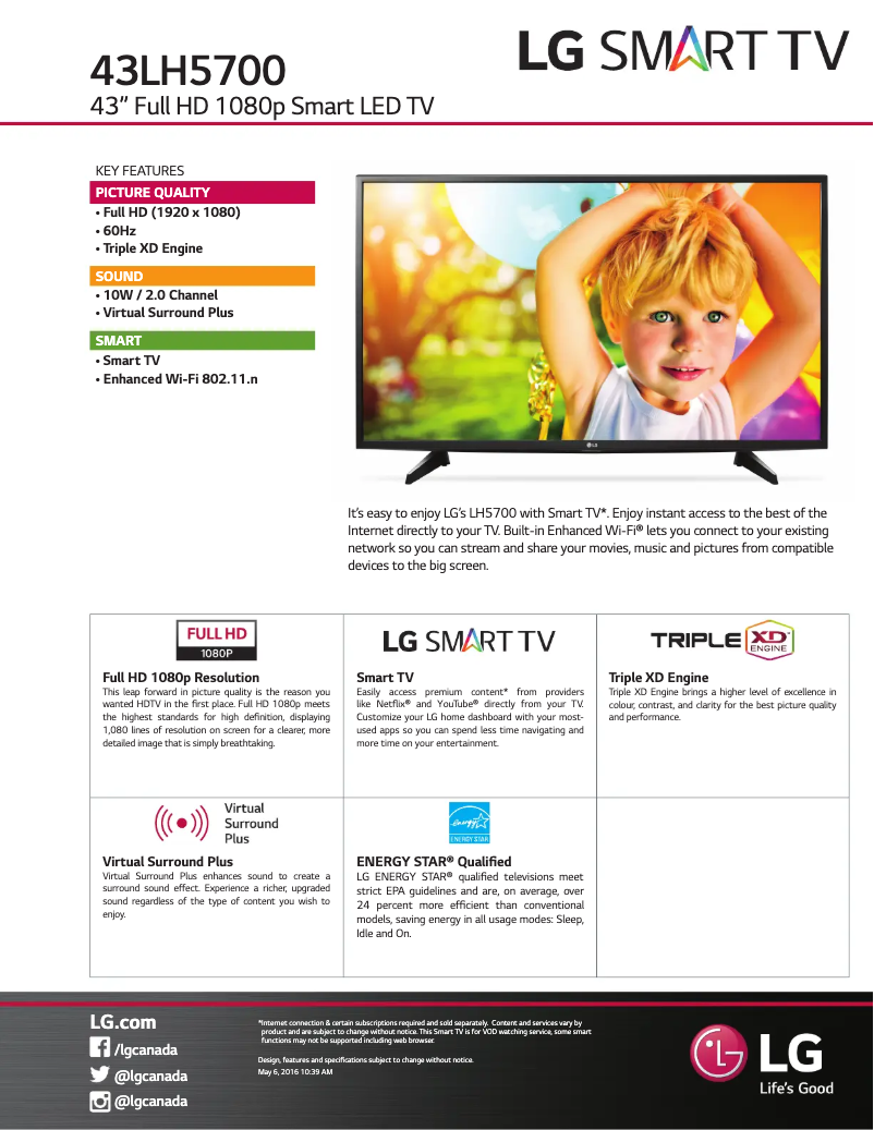 Page 1 de la notice Fiche technique LG 43LH5700