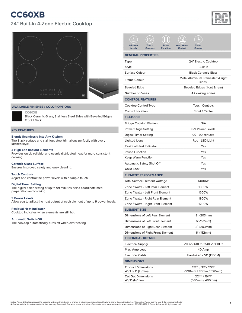 Page 1 de la notice Fiche technique Porter & Charles CC60XB