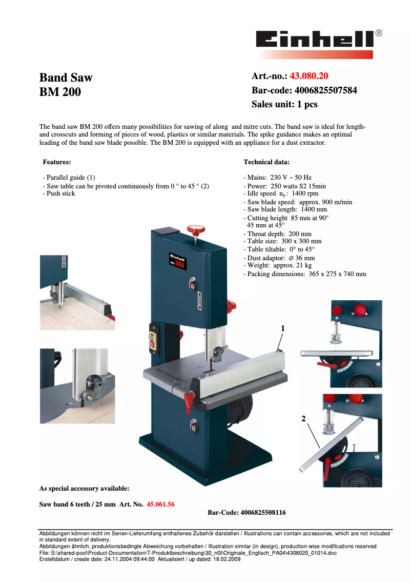 Página 1 del manual Ficha técnica Einhell BM 200