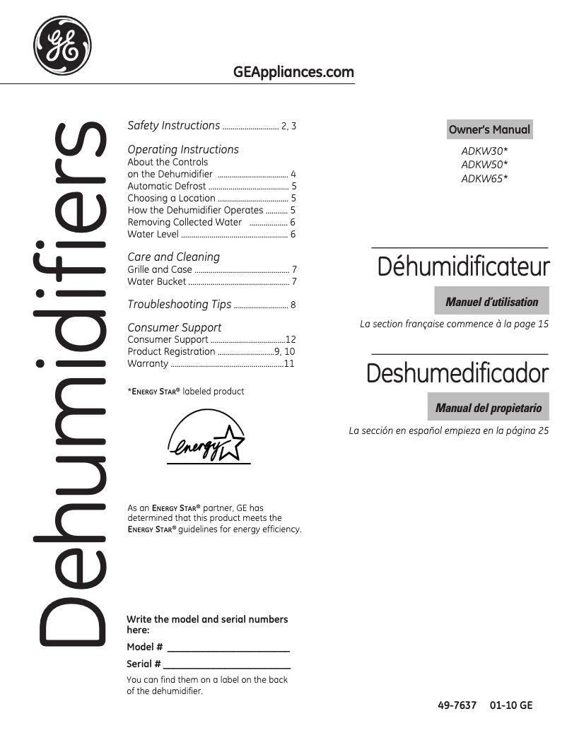 Page 1 of the manual User Manual GE ADKW30LN
