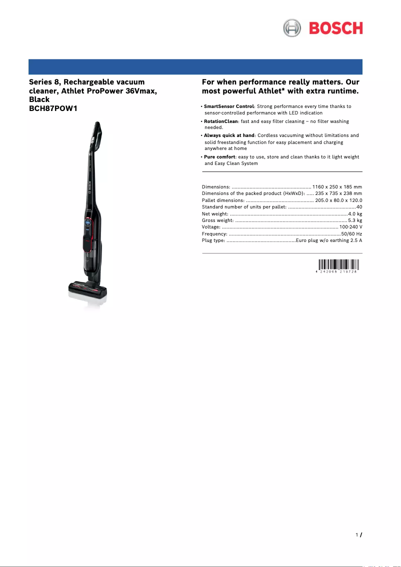 Page 1 de la notice Fiche technique Bosch Athlet ProPower BCH87POW1