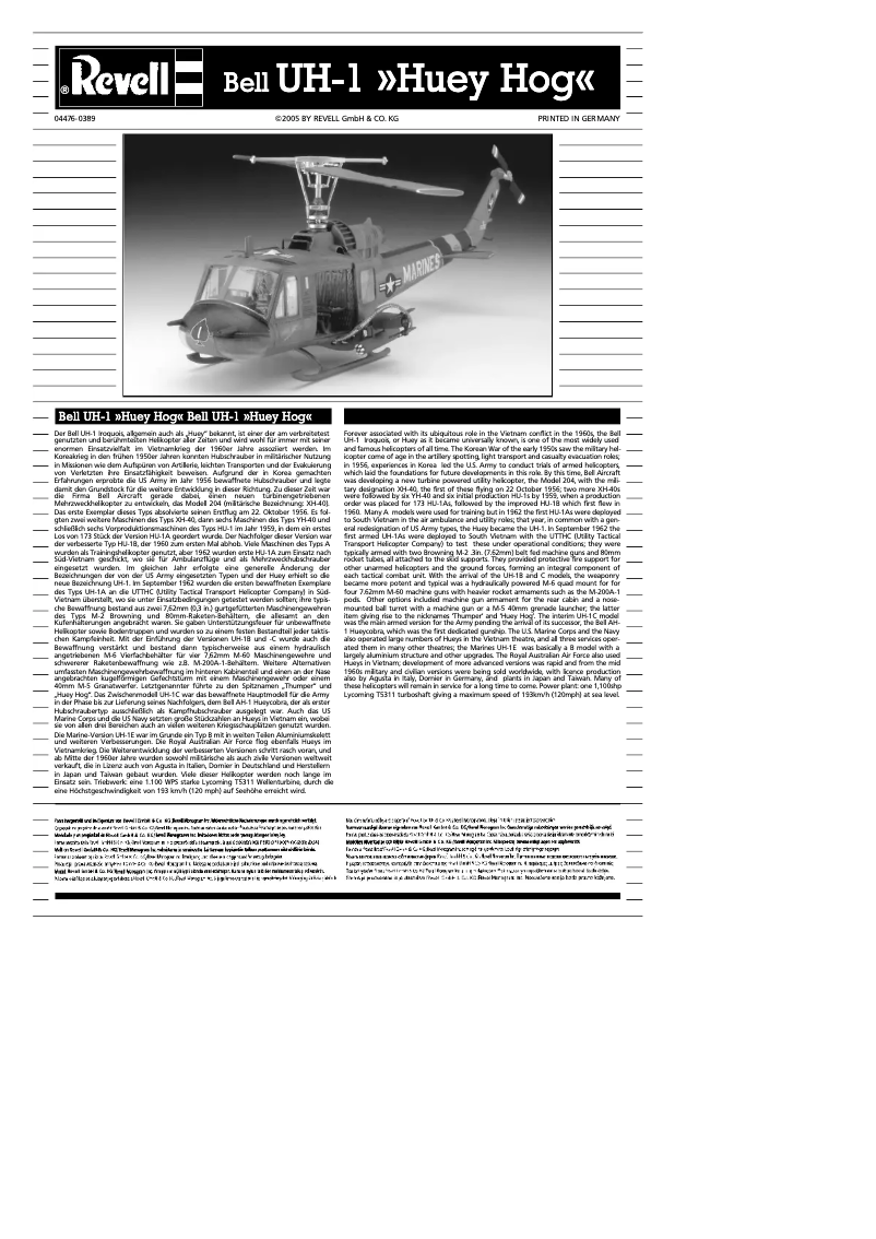 Page 1 de la notice Manuel utilisateur Revell Bell UH-1 Huey Hog