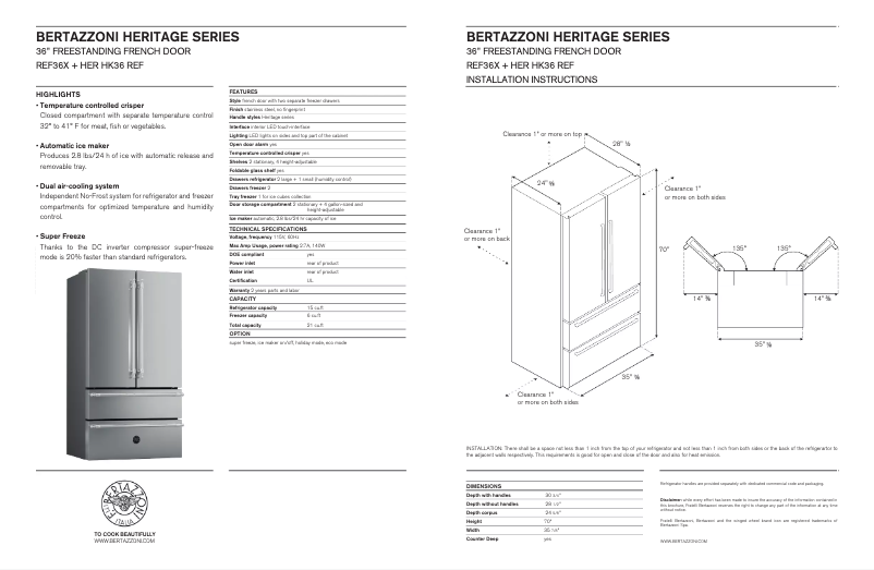 Page 1 de la notice Fiche technique Bertazzoni REF36