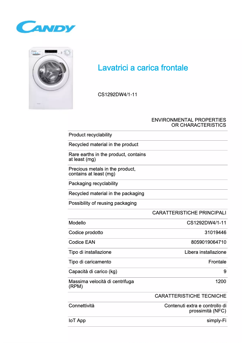 Page 1 de la notice Fiche technique Candy CS1292DW4/1-11
