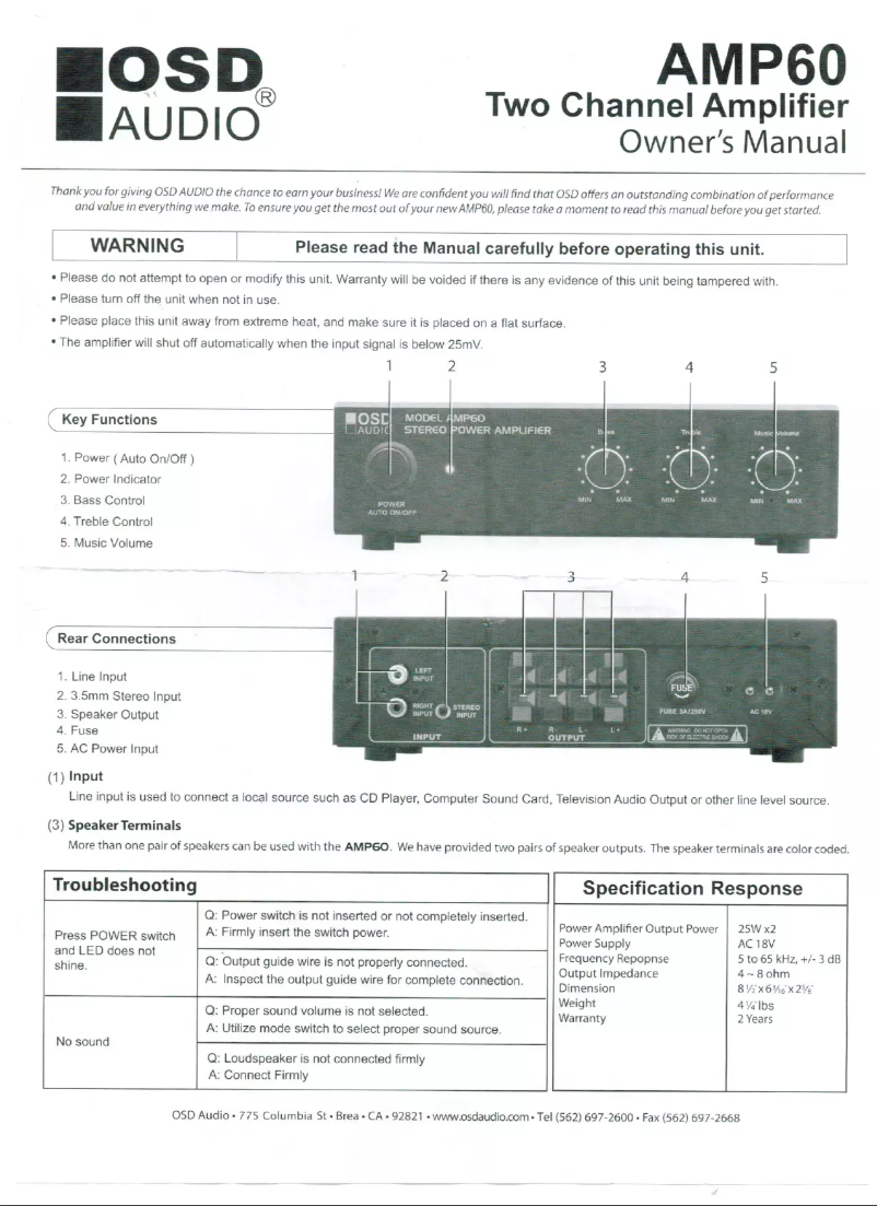 Page 1 de la notice Manuel utilisateur OSD Audio AMP60