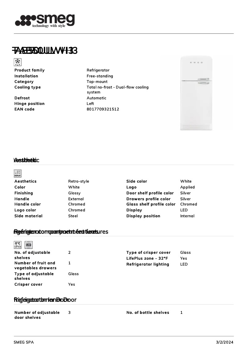 Page 1 de la notice Fiche technique Smeg FAB50ULWH3