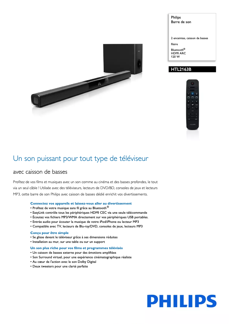 Page 1 de la notice Fiche technique Philips HTL2163B