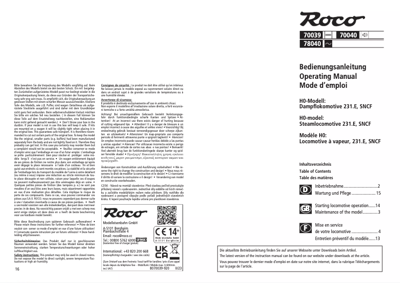 Page 1 de la notice Manuel utilisateur Roco 78040