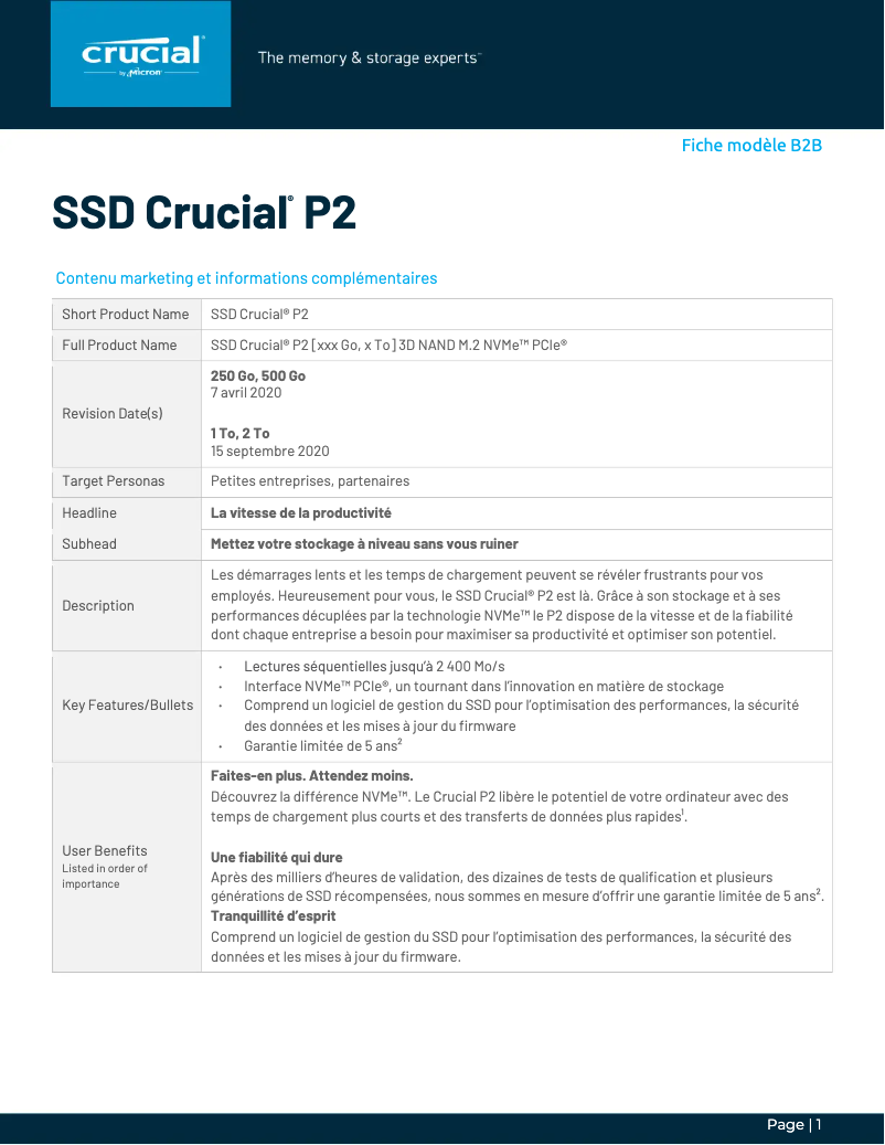 Page 1 de la notice Manuel utilisateur Crucial MX500