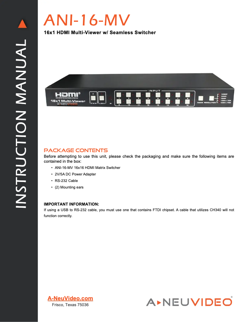 Page 1 de la notice Manuel utilisateur A-NeuVideo ANI-16-MV