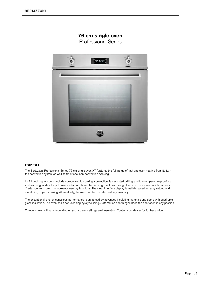 Page 1 de la notice Fiche technique Bertazzoni F30 PRO XT