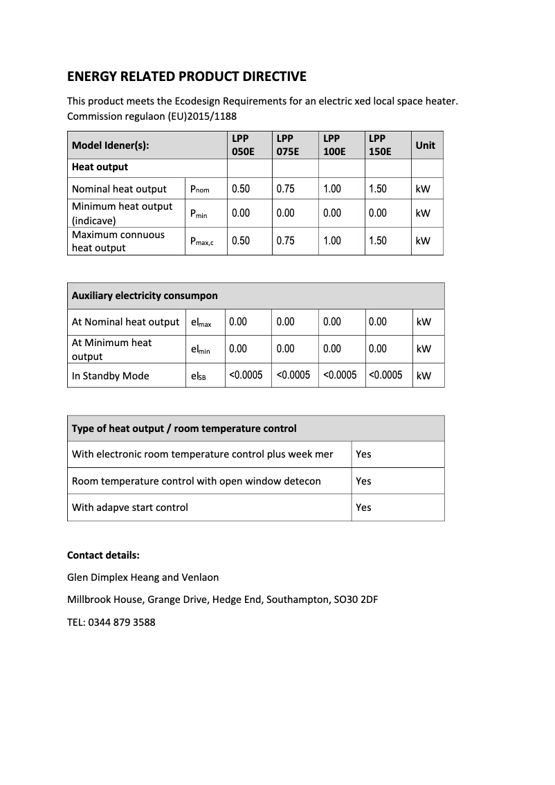 Page 1 de la notice Fiche technique Dimplex LPP150E