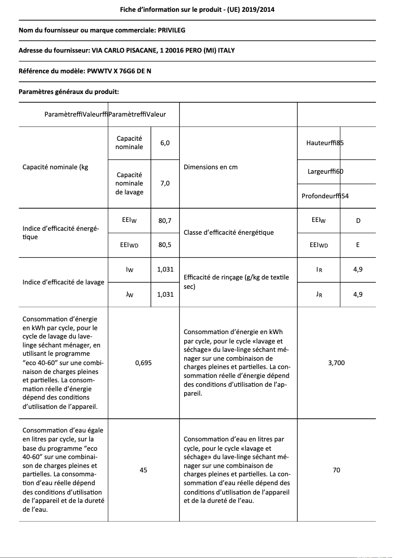 Page n°1 - Fiche technique Privileg PWWTV X 76G6 DE N