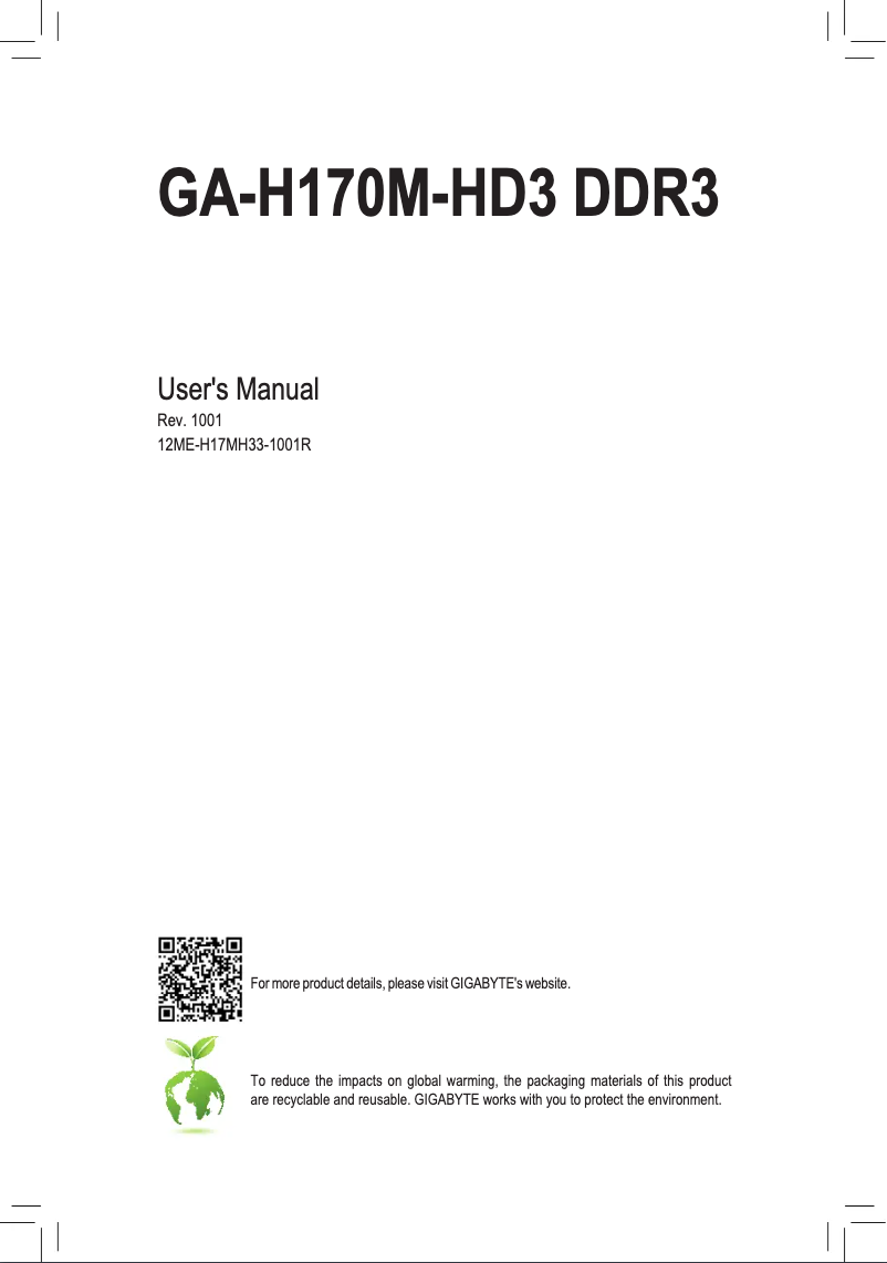Page 1 de la notice Manuel utilisateur Gigabyte GA-H170M-HD3 DDR3
