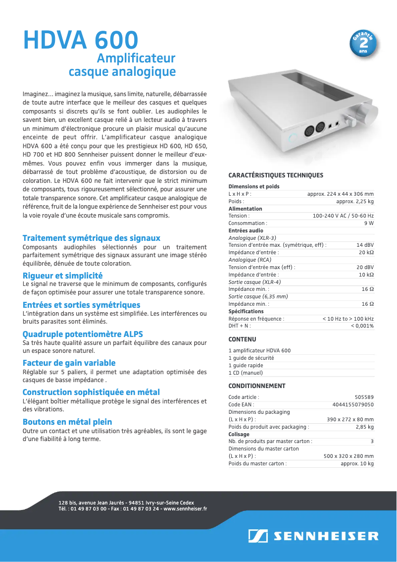 Page n°1 - Fiche technique Sennheiser HDVA 600