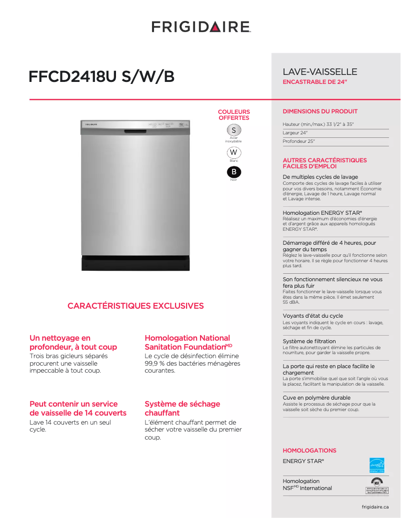 Page n°1 - Fiche technique Frigidaire FFCD2418US