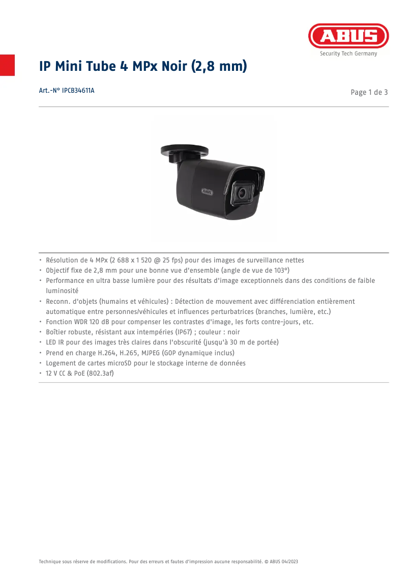 Página 1 del manual Ficha técnica Abus IPCB34611A