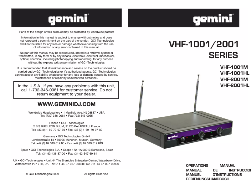 Page n°1 - Manuel utilisateur Gemini VHF-2001HL-S26