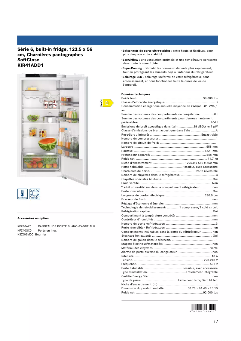 Page n°1 - Fiche technique Bosch KIR41ADD1