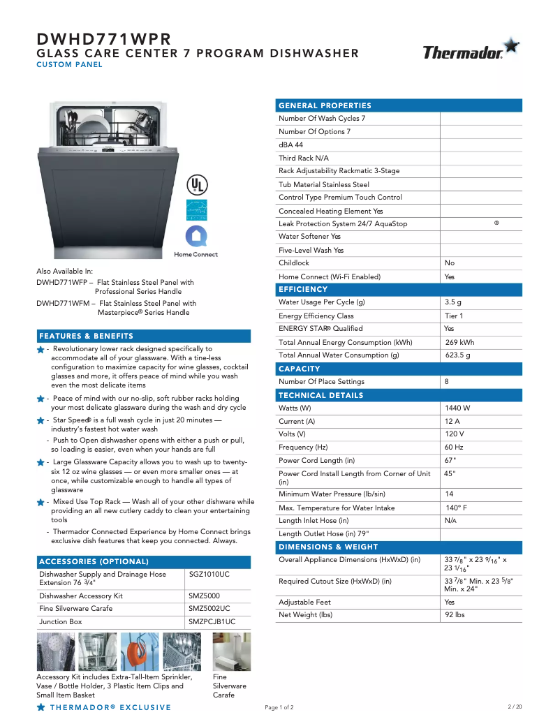 Page 1 de la notice Fiche technique Thermador DWHD771WPR