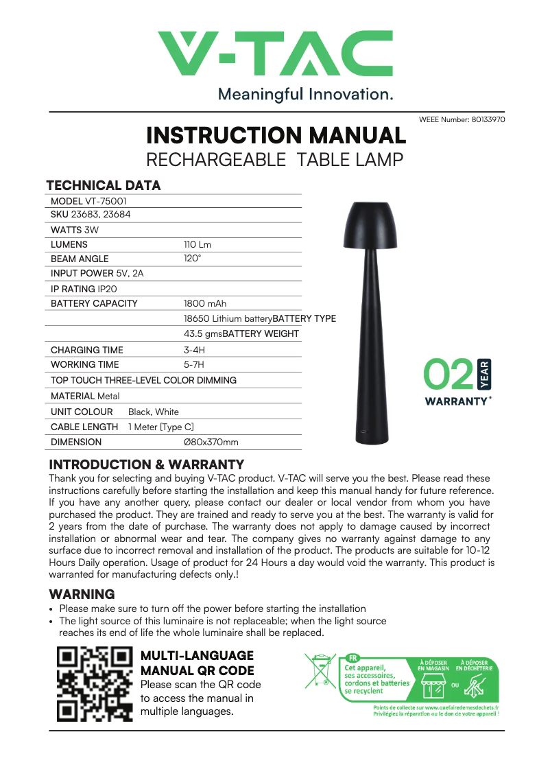 Page n°1 - Manuel utilisateur V-TAC VT-75001