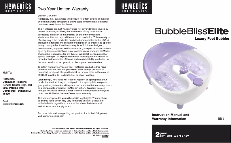 Page n°1 - Manuel utilisateur Homedics BubbleBliss Elite BB-5
