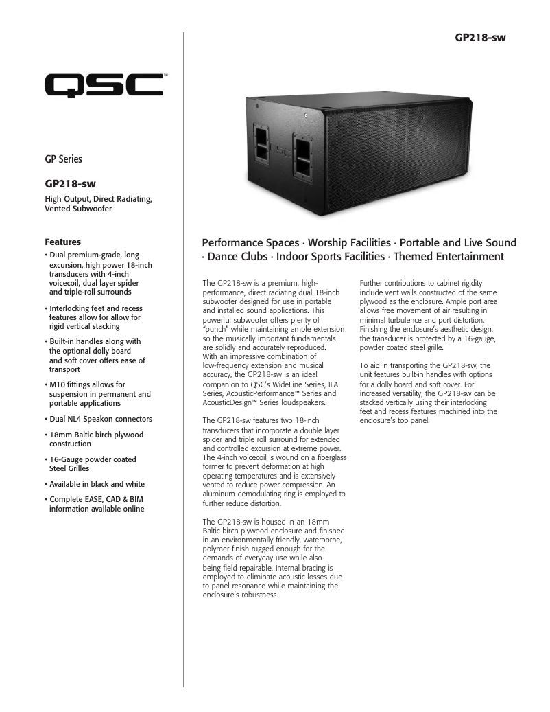 Page 1 de la notice Manuel utilisateur QSC GP118-sw