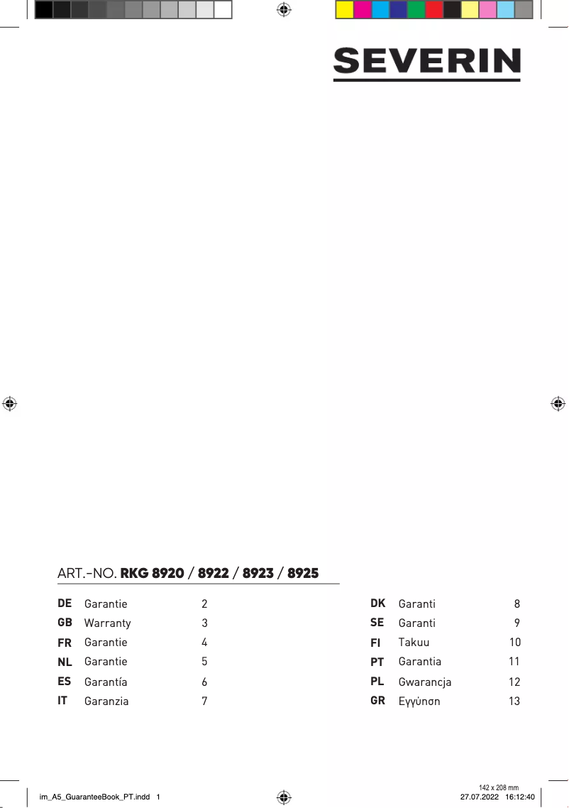 Page n°1 - Informations de garantie Severin RKG 8923