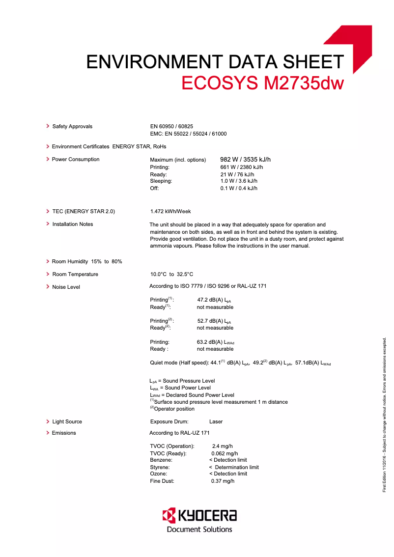 Page 1 de la notice Fiche technique Kyocera Ecosys M2735dw