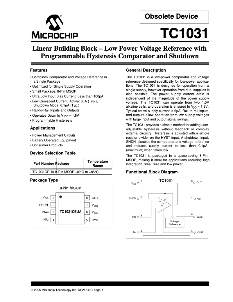 Page 1 de la notice Fiche technique Microchip TC1031