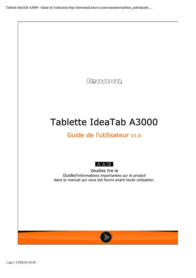 Image de la première page du manuel de l'appareil IdeaTab A3000